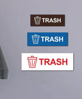 Three Basic Trash Signs Brushed Silver Small For Walls Or Doors, Durable Plastic With Clear Text, installed on wall