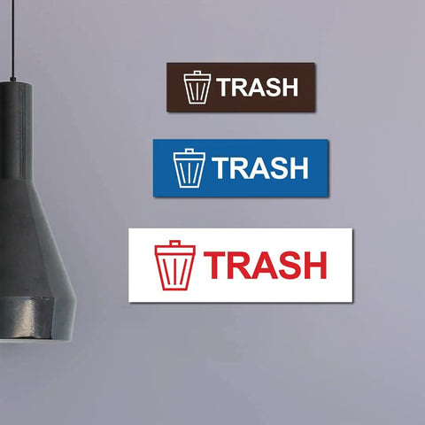 Three Basic Trash Signs Brushed Silver Small For Walls Or Doors, Durable Plastic With Clear Text, installed on wall