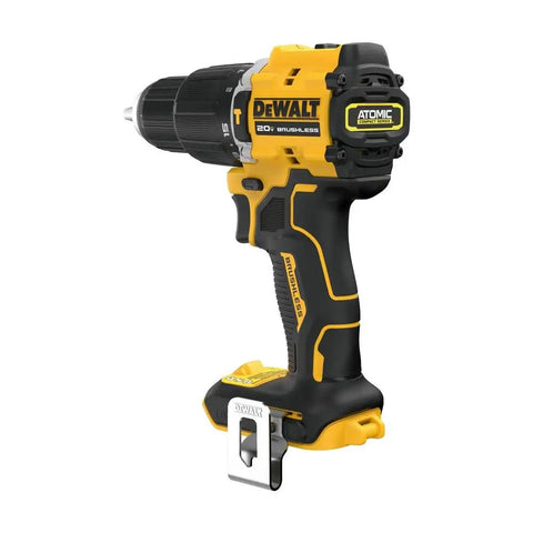 Compact 20V Max Brushless Cordless Hammer Drill With A Rock Solid Ratcheting One Half Inch Chuck And One Thousand Six Hundred Fifty RPM For Tight Spots And Knuckle Bash Work Ready To Roll Tool Only Edition, detailed side view showcasing grip and chuck.