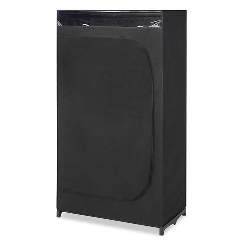 Easy Setup Portable Wardrobe Closet Storage Organizer With Hanging Rack See Through Window No Tool Assembly Washable Fabric Cover Durable Heavy Duty Build 19.75x36x64 Inches standing upright, black washable cover and see-through window visible