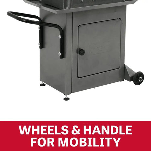 Five Inch By Six Inch Mitering Horizontal Bandsaw Built Tough With Hydraulic Downfeed Half Horsepower Volts 115 Or 230 Single Phase Mitering Head Swivel From 0 To 60 Degrees Deluxe Enclosed Stand With Wheels Adjustable Material Stop Ball Bearing Drive