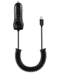 Top Notch Retractable Car Charger With Spring Loaded Micro USB Cable That Slides Out To Three Point Six Feet For Hassle Free Always Powered Up Charging Plus A Bonus Port For Your Backseat Crew, showing coiled micro USB cable and connector.