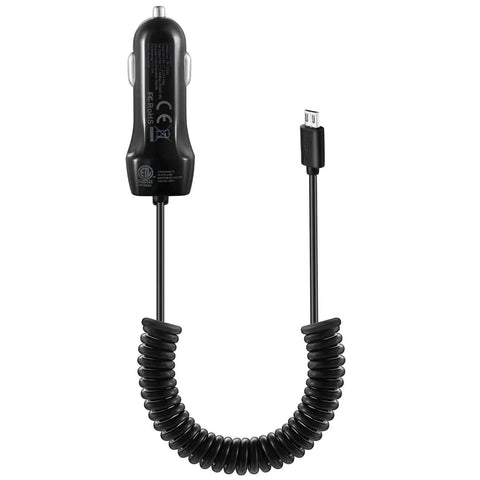 Top Notch Retractable Car Charger With Spring Loaded Micro USB Cable That Slides Out To Three Point Six Feet For Hassle Free Always Powered Up Charging Plus A Bonus Port For Your Backseat Crew, showing coiled micro USB cable and connector.