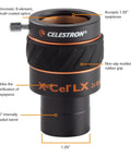 X-Cel LX 2x Barlow Lens For 1.25 Inch Eyepieces, Amp Up Your Telescope View, Three Element Apochromatic Optics, Fully Multi Coated, Rubber Grip, Brass Compression Ring, Filters Compatible. Black 1.25-inch Barlow lens with rubber grip and threaded barrel