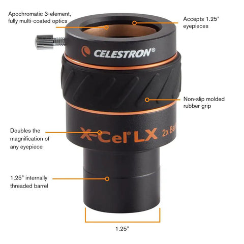 X-Cel LX 2x Barlow Lens For 1.25 Inch Eyepieces, Amp Up Your Telescope View, Three Element Apochromatic Optics, Fully Multi Coated, Rubber Grip, Brass Compression Ring, Filters Compatible. Black 1.25-inch Barlow lens with rubber grip and threaded barrel