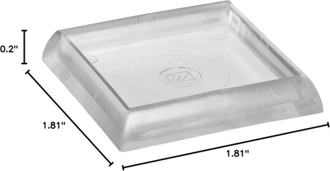 Close-up of a clear square furniture caster cup, 1-13/16 inch, for carpet and hard floors, with dimensions shown.