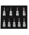 Three Eighths Inch Drive Metric Hex Bit Socket Set In Chrome Vanadium Steel, 2mm To 10mm on display board