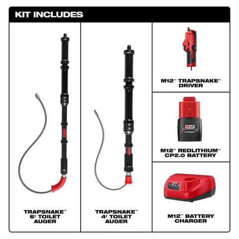 Heavy Duty Cordless Drain Snake And Toilet Auger Set includes 6' and 4' toilet augers with battery and charger.