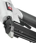 Porter Cable finish nailer close-up with magazine and grip, part of Dead Simple Six Gallon Pancake Air Compressor Bundled With Three Pro Nail Guns.