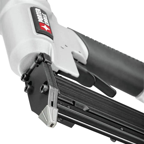 Porter Cable finish nailer close-up with magazine and grip, part of Dead Simple Six Gallon Pancake Air Compressor Bundled With Three Pro Nail Guns.