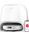 Front view of Qrevo CurvX Workhorse All In One Robot Vacuum And Mop with 22,000Pa HyperForce Suction beside smart app interface.