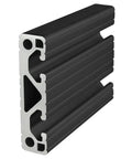 Top Shelf Three By Three Quarter T Slotted Aluminum Extrusion Bar With Six Open Channels For Custom Rig Buildouts Smooth Linear Motion Paths And Track Saw Guides Finished In Durable Black Anodized Coating Measuring Thirty Six Inches, detailed side view.