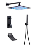 UMJIGF Shower System Black Led Digital Display Shower Faucet Set with Waterfall Tub Spout, showing the 10-inch rainfall shower head and controls.