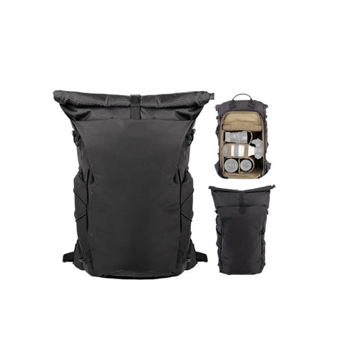 Ultralight Expandable Camera Backpack For Photographers Outdoor Travel With Rain Cover 40L Space Black showing interior gear storage