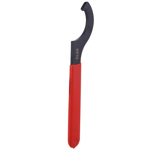 Heavy Duty Fabater R8 Collet Chuck Holder With 0.01mm Precision Machining For Milling Cutters And Tool Clamping Up To 20 Mm Range With Hook Spanner Wrench Traction Line Durable For All Workshop Jobs image of black and red hook spanner wrench ER32 for clamping tools.