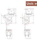 Technical drawing of 4 Pack L Shaped Furniture Casters With 1 Inch TPE Wheels, 360 Degree Swivel Silent Caster, includes sizes in mm.