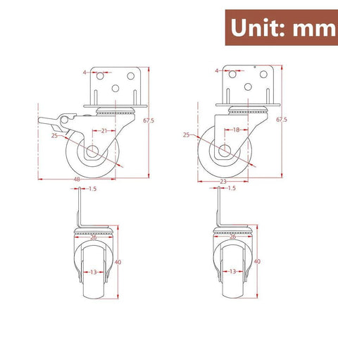 Technical drawing of 4 Pack L Shaped Furniture Casters With 1 Inch TPE Wheels, 360 Degree Swivel Silent Caster, includes sizes in mm.