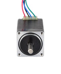 Front view of NEMA 11 bipolar stepper motor with shaft, silver faceplate, 4 wires red/black/blue/green.