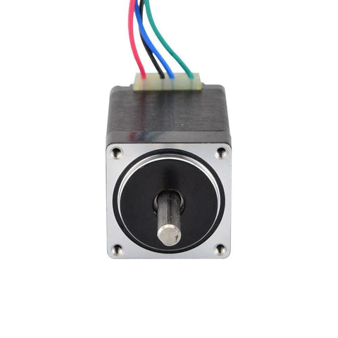 Front view of NEMA 11 bipolar stepper motor with shaft, silver faceplate, 4 wires red/black/blue/green.