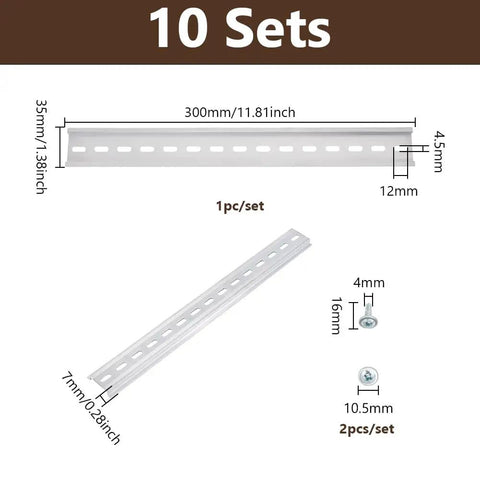 Ten Piece 12 Inch Aluminum DIN Rails Top Hat Slotted 35mm Wide 7mm High With Screws For Automation Equipment Electrical Box Mounting And Hardware Industrial Grade Durable Mounting Hardware For Control Panels And Enclosures dimensions displayed