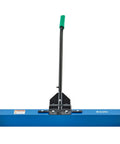 Heavy Duty Magnetic Floor Sweeper With Thirty Six Inch Wide Cleaning Path And Smooth As Butter Rubber Wheels For No Sweat Cleanup On Concrete Asphalt Grass Or Gravel Featuring Dead Simple Dump Lever And Easy Fold Handle In Striking Blue And Black, front view