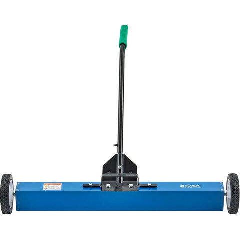 Heavy Duty Magnetic Floor Sweeper With Thirty Six Inch Wide Cleaning Path And Smooth As Butter Rubber Wheels For No Sweat Cleanup On Concrete Asphalt Grass Or Gravel Featuring Dead Simple Dump Lever And Easy Fold Handle In Striking Blue And Black, front view