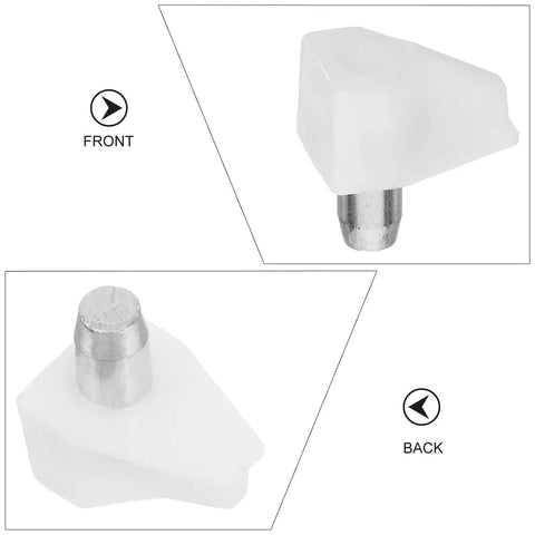 Front and back view of 100 Pack White Plastic And Stainless Steel Shelf Pegs For Wine Cabinets Bookcases And Furniture No Hassle Installation