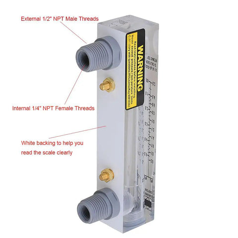 Panel Mount Water Flowmeter For Liquids 0.05 To 0.5 GPM (0.2 To 2 LPM) Acrylic Rectangular Body 170 mm Height Easy Inline Panel Install With Clear Readout And Upward Travel Flow Indicator, 1/2 NPT threads