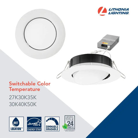Ultra Thin 4 Inch LED Wafer Downlight With Adjustable Gimbal, Switchable Color Temperature 2700K, 3000K, And 3500K, Matte White