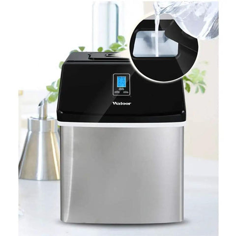 No Drama Portable Automatic Countertop Ice Maker Churning Fifty Five Pounds Of Snappy Cubes Daily with sleek stainless shell and water inlet.