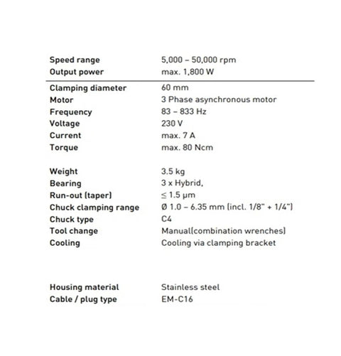 Top Tier Air Cooled High Speed Engraving Spindle Motor specifications chart with details on speed, power, and materials.
