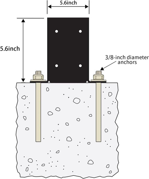 Diagram of Heavy Duty 6x6 Post Base Brackets Four Pack for Decks and Pavilion Railings with measurement details.