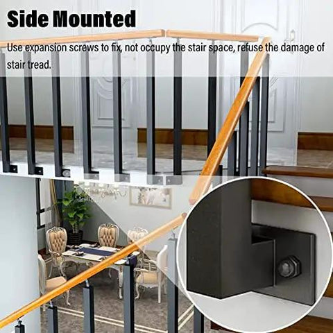 Close-up of side-mounted Heavy Duty Stair Railing Spindle System Kit with pre-drilled screws and wrought iron pillars in living space.