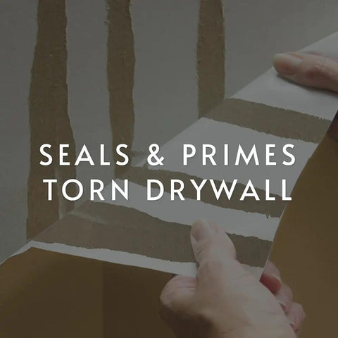 Clear Water Based Primer Sealer For Drywall And Wallpaper, Low VOC 5 Gallon Kit, being applied to torn drywall surface.