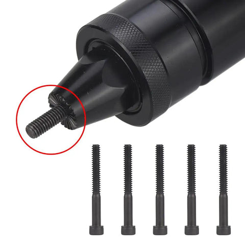 Built Tough Ten Pack 10-24 Thread Replacement Mandrels For Rivet Nut Guns Heavy Duty Hardened Steel Tool Tips close-up of mandrel in use.