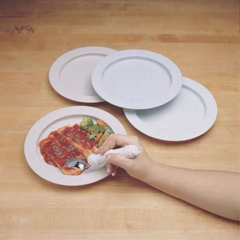 Inner Lip Plate For One Handed Dining, High Wall Red Plate with food being scooped by a hand using cutlery on wooden table.