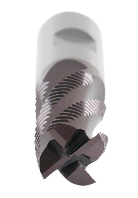 Roughing end mill; close-up TiAlN-coated, M42 8% cobalt with standard teeth.