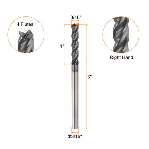 Carbide Square Nose End Mill Bit 3/16 Inch Cut Diameter 4 Flutes TiAlN Coated Milling Cutter For Hardened Steel Heavy Duty