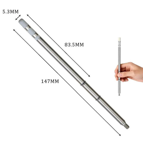 Stainless steel telescopic rod with dimensions of 5.3mm diameter and 147mm length, shown held in hand.