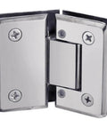 Heavy Duty Adjustable 135 Degree Glass To Glass Hinge For Three Eighths Inch Or One Half Inch Doors Up To Thirty Six Inches Wide Self Closing Within Twenty Five Degrees Polished Chrome Finish Built To Last No Fuss Door Hardware.
