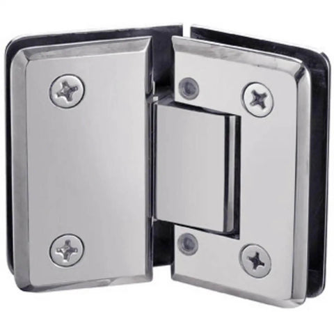 Heavy Duty Adjustable 135 Degree Glass To Glass Hinge For Three Eighths Inch Or One Half Inch Doors Up To Thirty Six Inches Wide Self Closing Within Twenty Five Degrees Polished Chrome Finish Built To Last No Fuss Door Hardware.