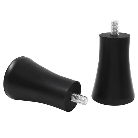 Kick Up The Look Of Your Couches And Tables With These Heavy Duty Rubber Furniture Leg Risers Standing Two Point Five Inches Tall For Rock Solid Stability Plus Anti Slip Pads Set Of 4 To Save Your Hardwood Floors, showing two black rubber risers with metal screws.
