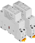 12V DC Contactor 25A 2 Pole With 2 NO Contacts DIN Rail Mount for Home Power Control, front view of circuit control devices