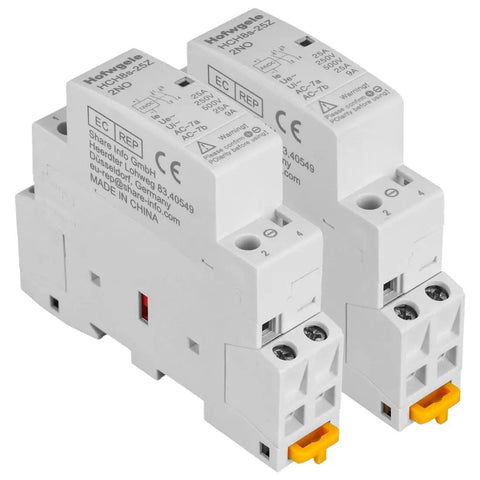 12V DC Contactor 25A 2 Pole With 2 NO Contacts DIN Rail Mount for Home Power Control, front view of circuit control devices