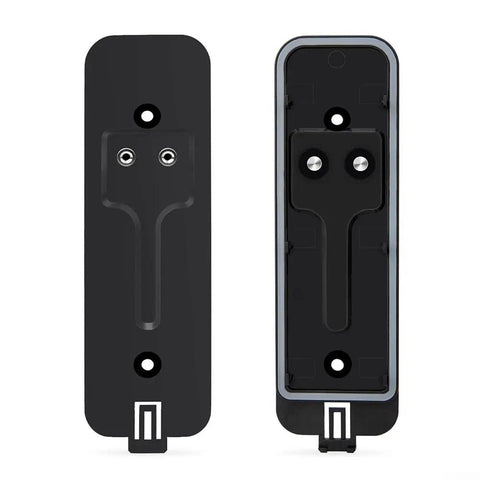 Black Doorbell Back Plate Replacement For Video Doorbell Mounting Systems Kit with hardware, showing front and rear views
