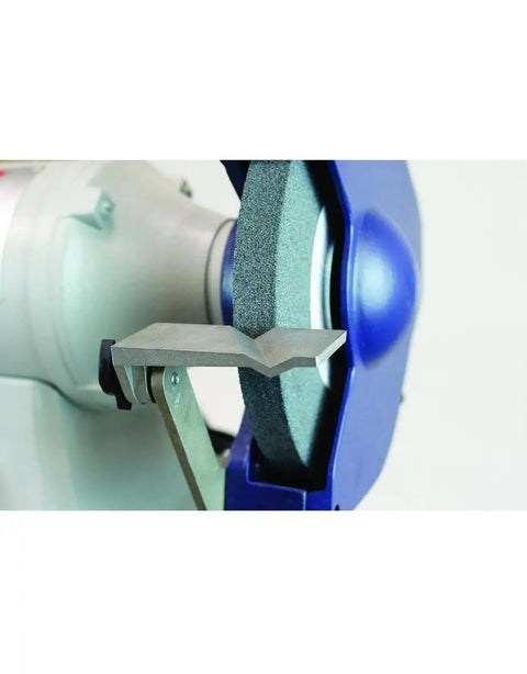 Close-up of Heavy Duty Six Inch Bench Grinder With Hella Tough One Third Horsepower Motor, adjustable tool rest and grinding wheel.