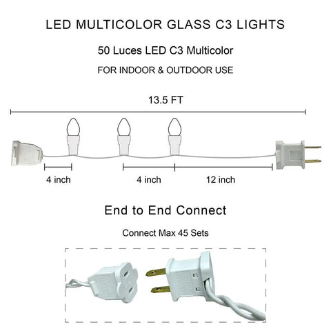 Diagram of Pastel Easter String Lights 50 LED C3 Glass Bulbs, 12.5 Ft White Wire, UL Certified 120V End To End Connectable Up To 45 Sets