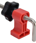 Squared Up 90 Degree Positioning Square Right Angle Splicing Clamp Kit Adjustable Woodworking Corner Fixture Pro Grade Jig For Cabinets Picture Frames No Hassle Setup Red Finish, showing adjustable clamp with black handle.