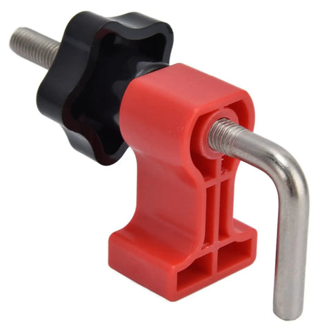 Squared Up 90 Degree Positioning Square Right Angle Splicing Clamp Kit Adjustable Woodworking Corner Fixture Pro Grade Jig For Cabinets Picture Frames No Hassle Setup Red Finish, showing adjustable clamp with black handle.