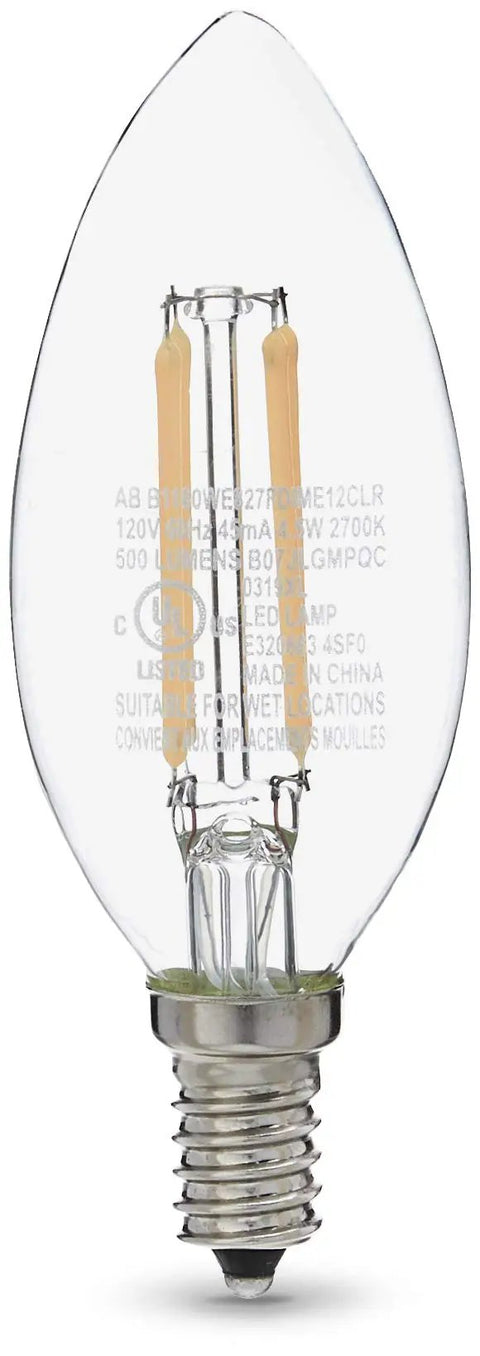 60W Equivalent Clear Soft White Dimmable LED Light Bulb B11 E12 Candelabra Base 500 Lumens 2700K Instant Brightness